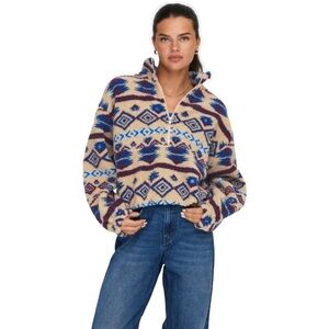 Only - Blue and Beige Patterned Zip-Up Sweater
